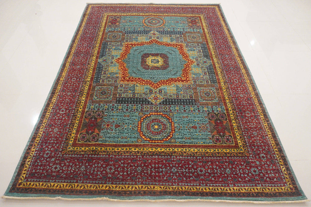 6x8 Mamluk Turkish Turquoise Blue Red Hand knotted wool Medallion Rug - Yildiz Rugs