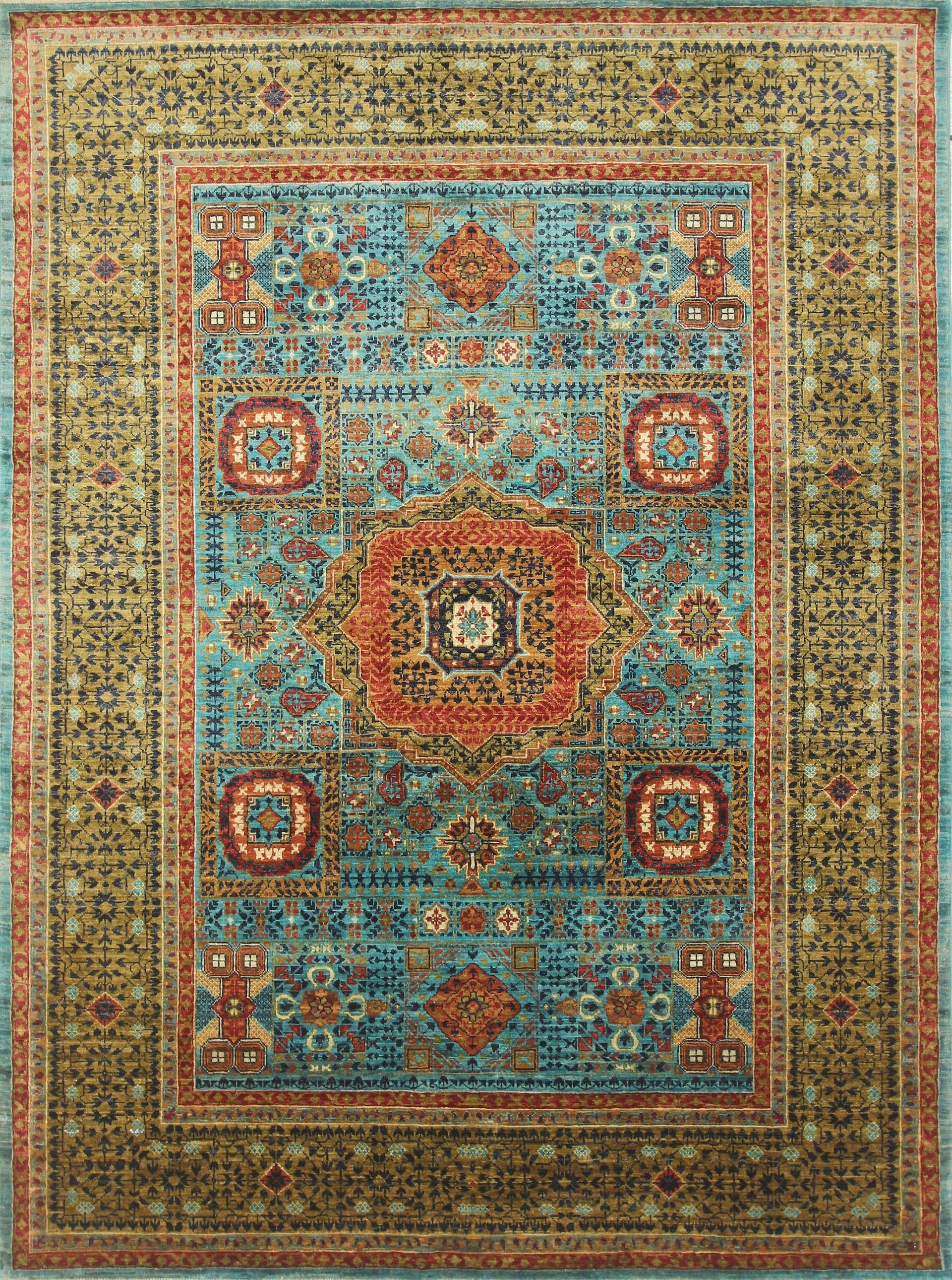 6x8 Mamluk Turquoise Blue Green Hand Knotted Turkish Medallion Rug - Yildiz Rugs