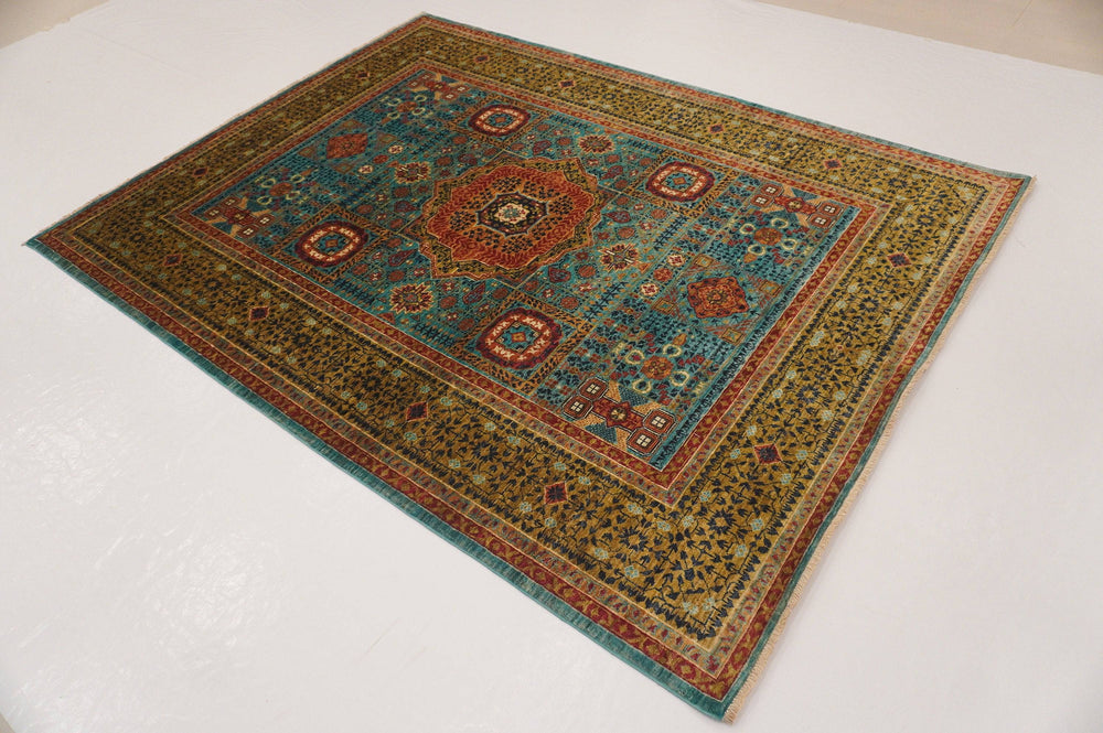 6x8 Mamluk Turquoise Blue Green Hand Knotted Turkish Medallion Rug - Yildiz Rugs