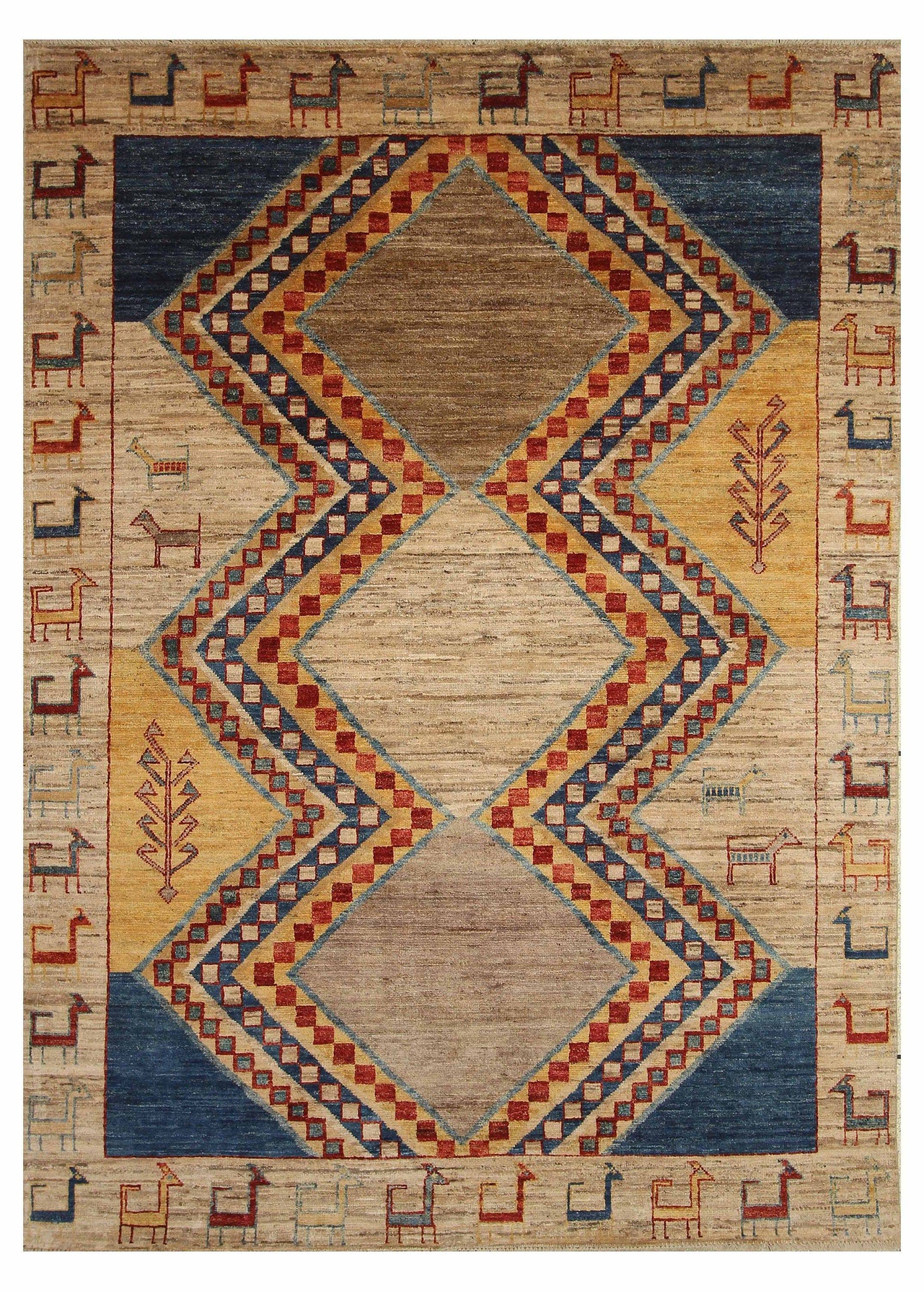 6x8 Tribal Gabbeh Tan Brown Beige Afghan Handmade Thick wooly Area Rug - Yildiz Rugs