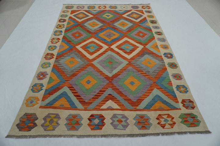 6x9 Afghan Orange Beige Geometric Kilim Wool Rug - Yildiz Rugs