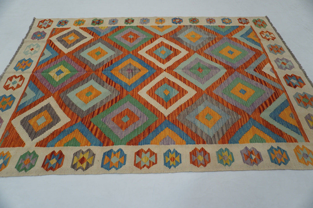 6x9 Afghan Orange Beige Geometric Kilim Wool Rug - Yildiz Rugs