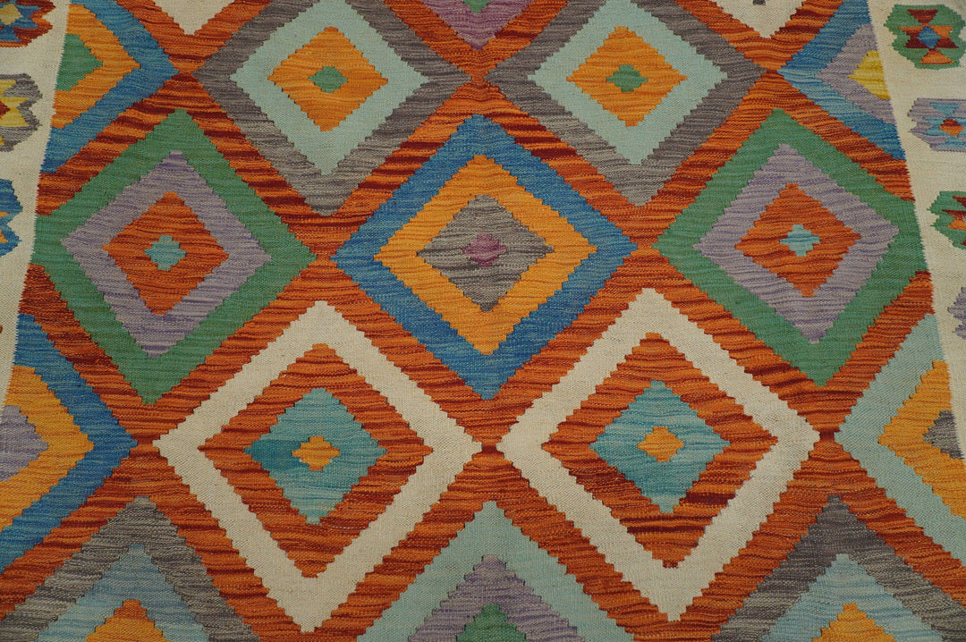 6x9 Afghan Orange Beige Geometric Kilim Wool Rug - Yildiz Rugs