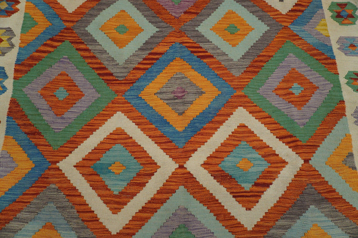 6x9 Afghan Orange Beige Geometric Kilim Wool Rug - Yildiz Rugs