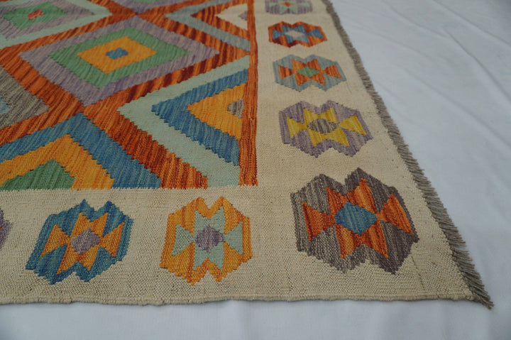 6x9 Afghan Orange Beige Geometric Kilim Wool Rug - Yildiz Rugs