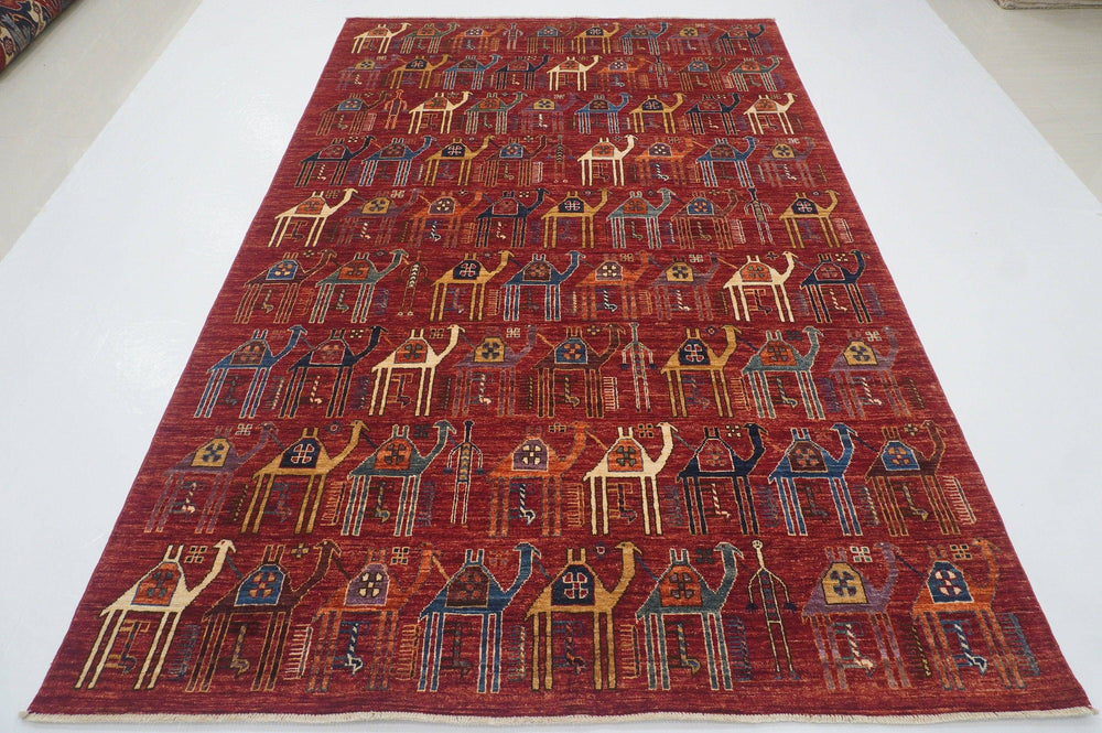 6x9 Camel Train Red Gabbeh Afghan Hand knotted wool Area Rug - Yildiz Rugs