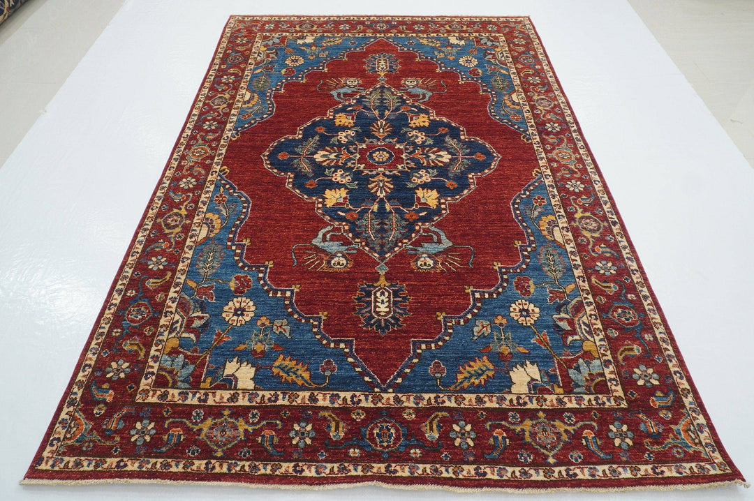 6x9 Heriz Blue Red Afghan Hand knotted Oriental Medallion Area Rug - Yildiz Rugs