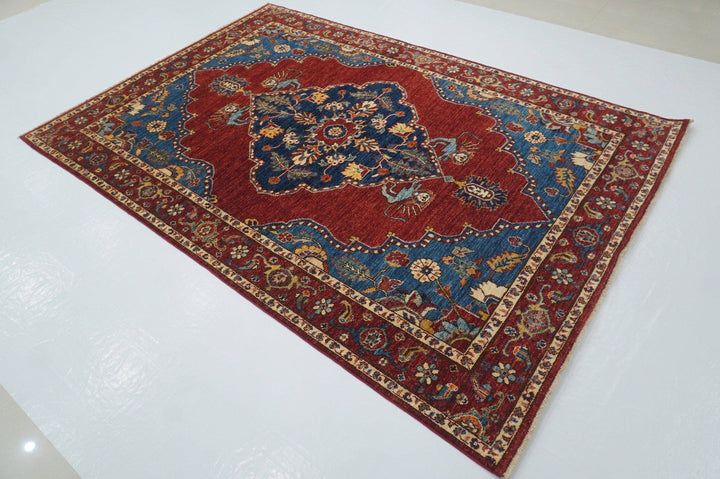 6x9 Heriz Blue Red Afghan Hand knotted Oriental Medallion Area Rug - Yildiz Rugs