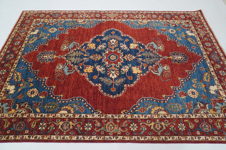 6x9 Heriz Blue Red Afghan Hand knotted Oriental Medallion Area Rug - Yildiz Rugs