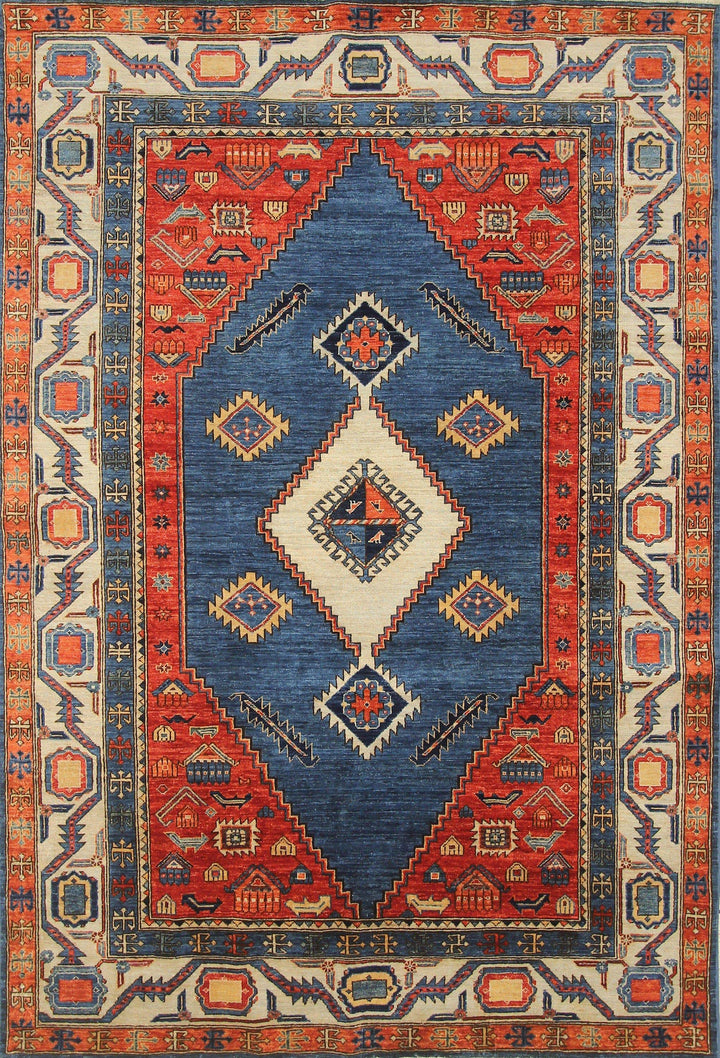 6x9 Serapi Blue Afghan Hand knotted Wool Oriental Area Rug - Yildiz Rugs