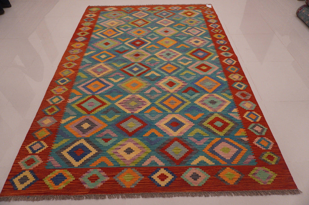 7x10 Afghan Handmade Blue Red Geometric Kilim Wool Rug - Yildiz Rugs