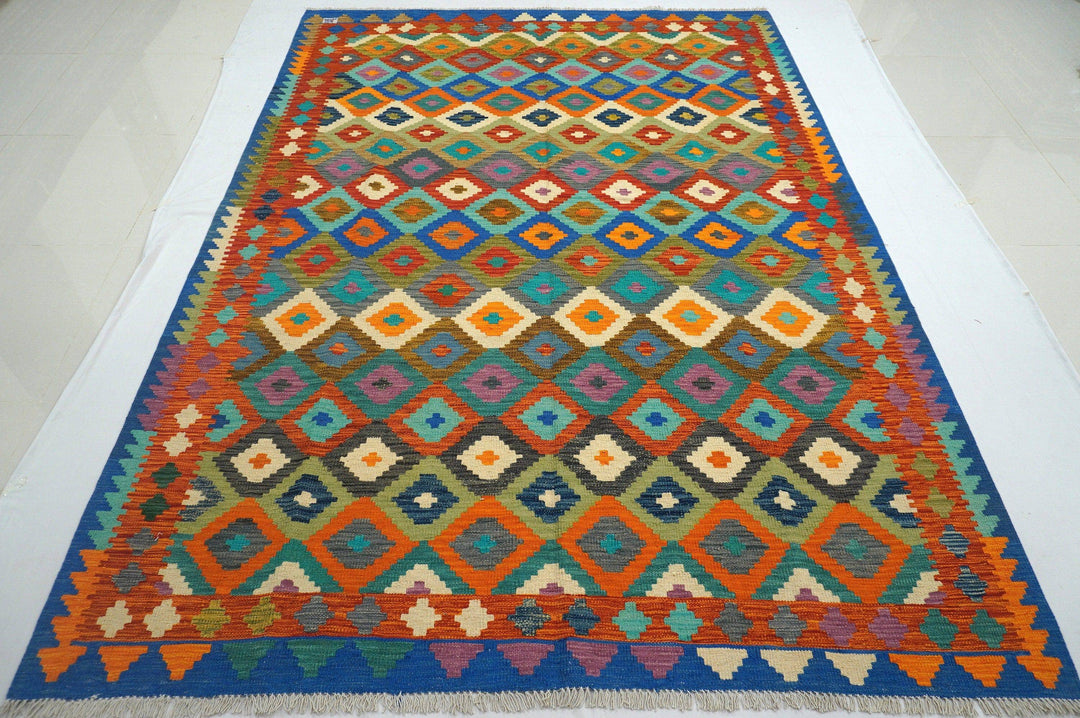 7x10 Afghan Handmade Geometric Kilim Wool Rug - Yildiz Rugs