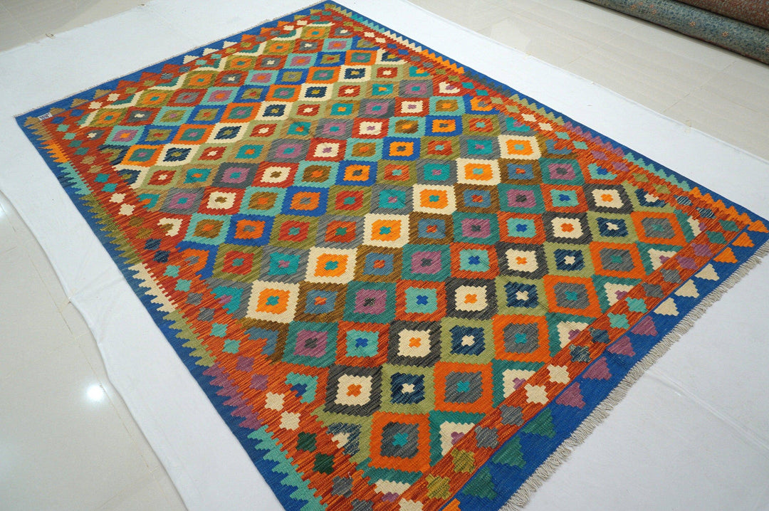 7x10 Afghan Handmade Geometric Kilim Wool Rug - Yildiz Rugs