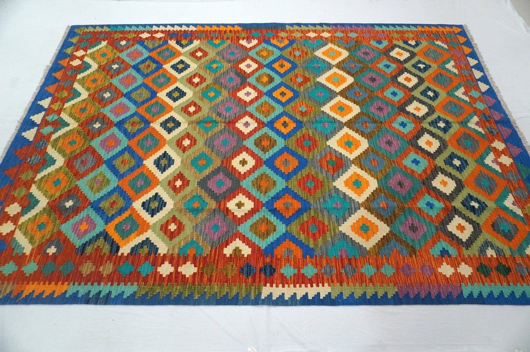 7x10 Afghan Handmade Geometric Kilim Wool Rug - Yildiz Rugs