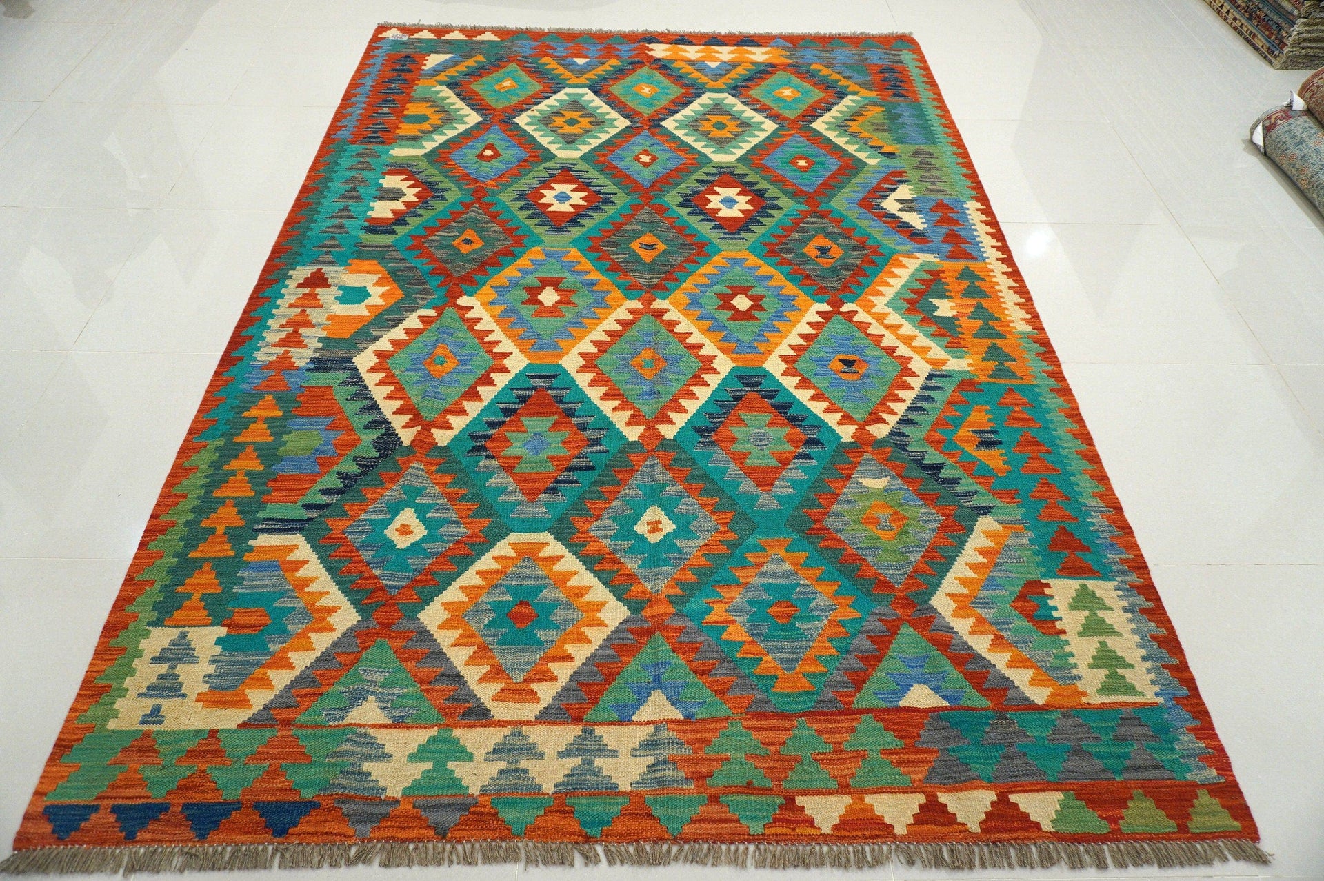 7x10 Afghan Handmade Geometric Kilim Wool Rug - Yildiz Rugs