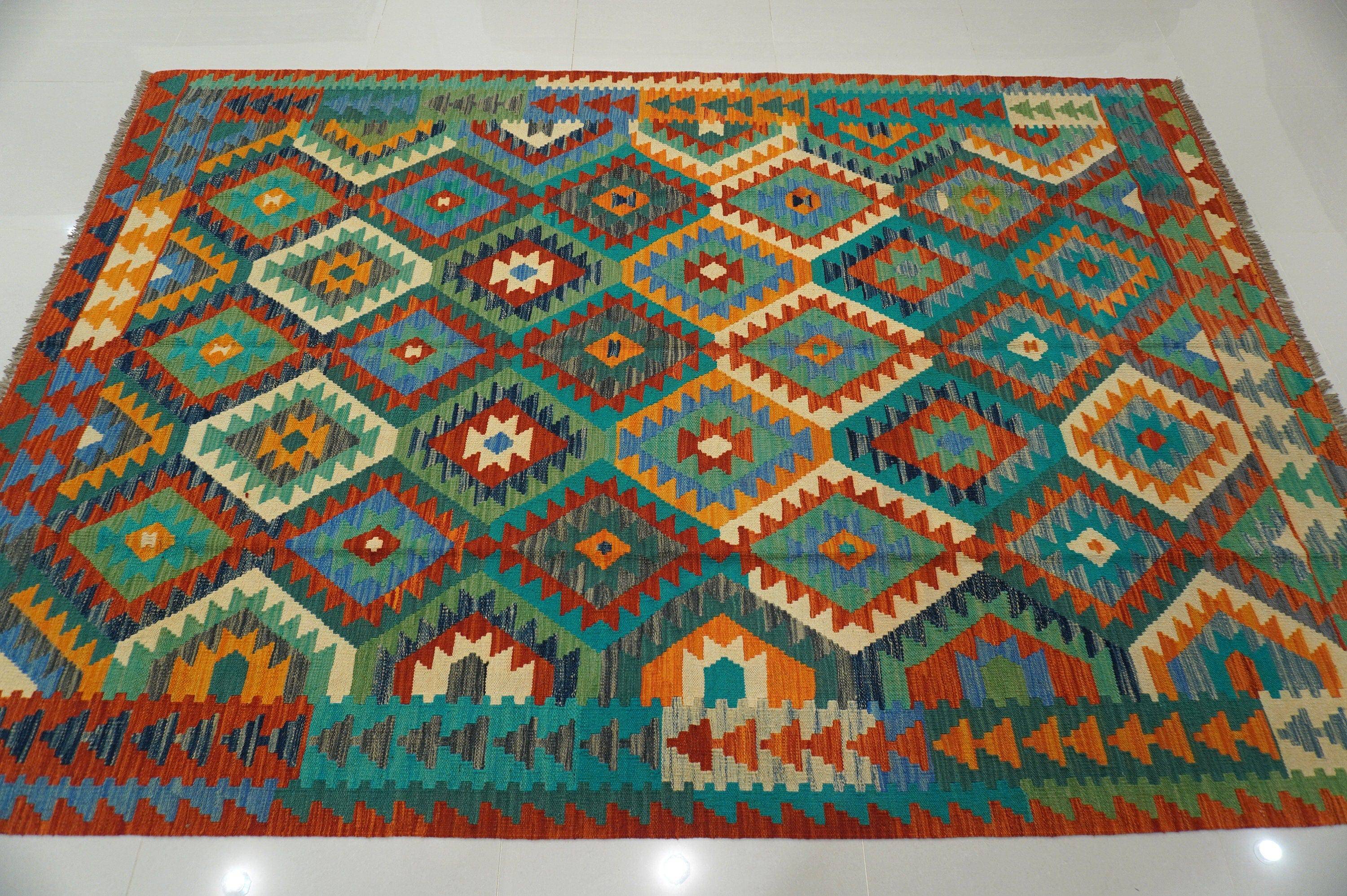 7x10 Afghan Handmade Geometric Kilim Wool Rug - Yildiz Rugs