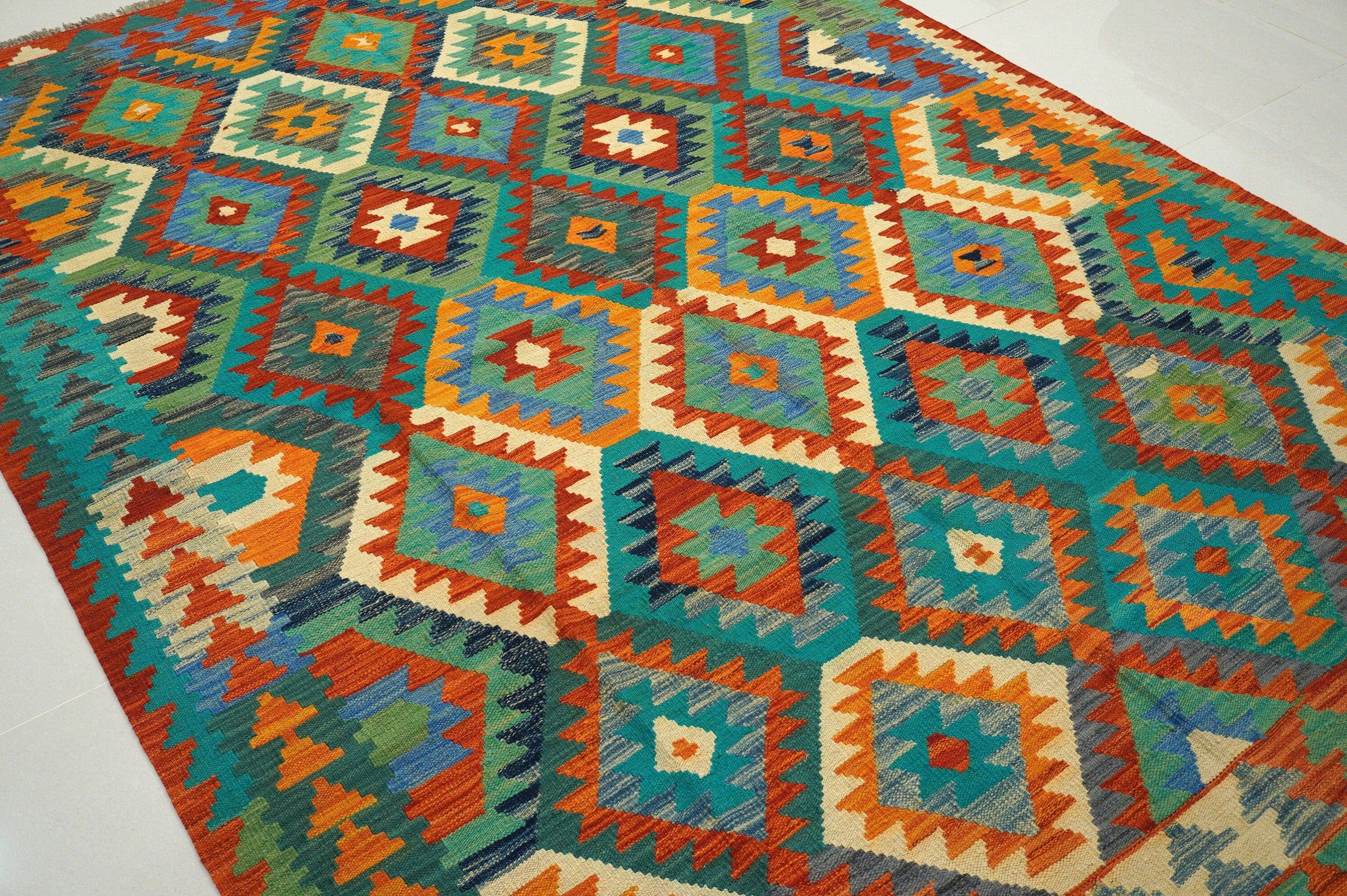 7x10 Afghan Handmade Geometric Kilim Wool Rug - Yildiz Rugs