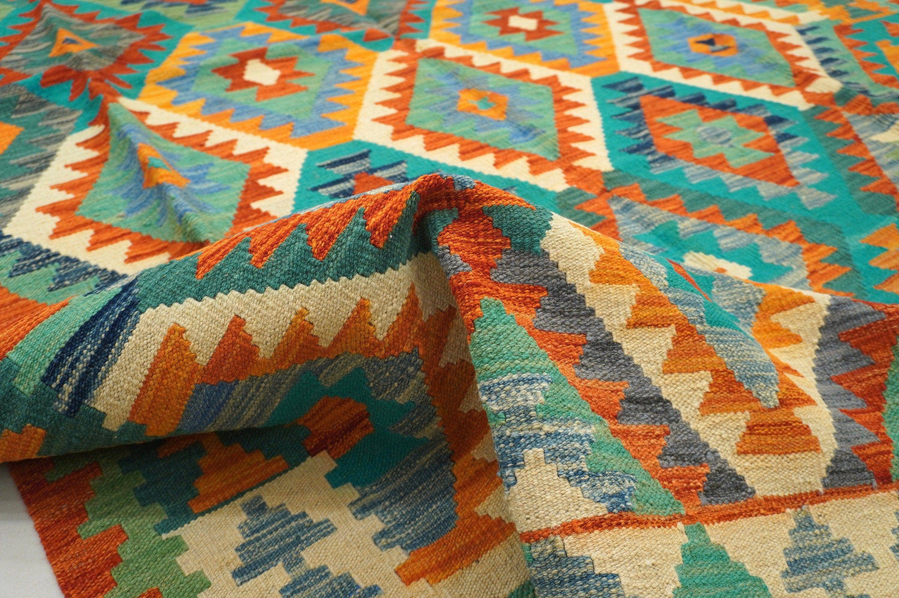 7x10 Afghan Handmade Geometric Kilim Wool Rug - Yildiz Rugs