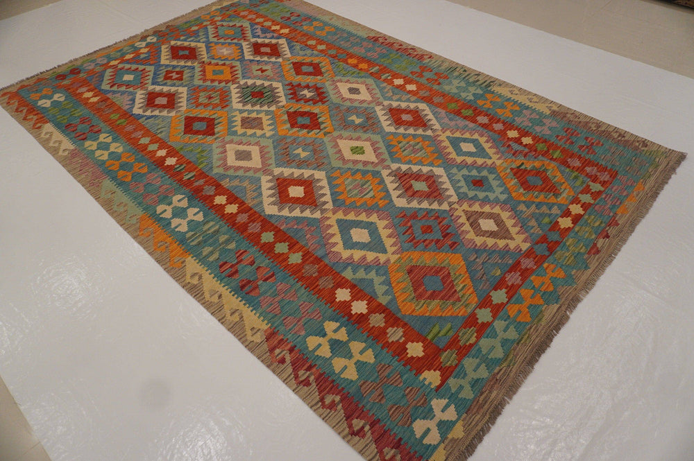 7x10 Afghan Kilim Turquoise Blue Gray handmade carpet - Yildiz Rugs