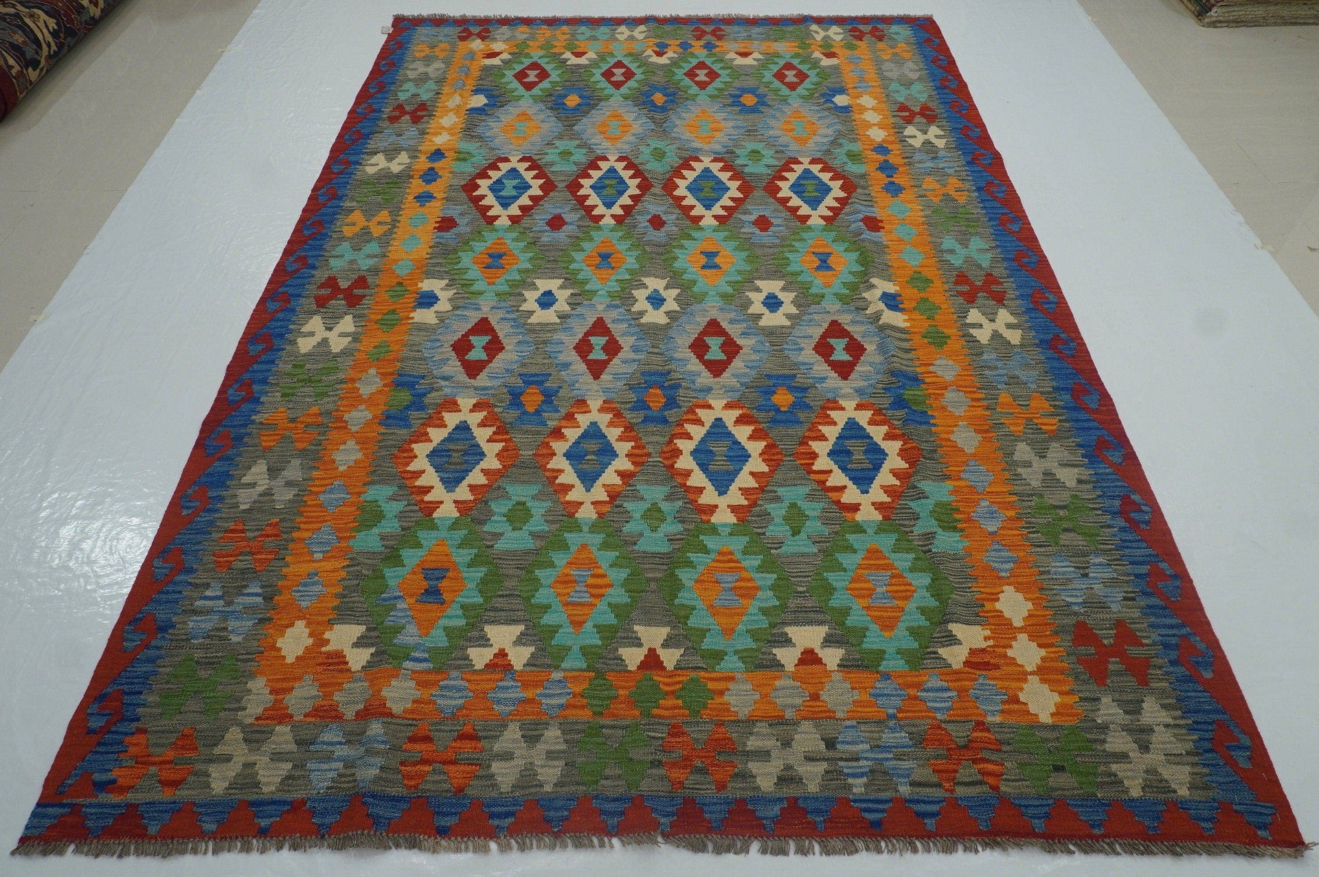 7x10 Boho Gray Orange Afghan Hand Woven Wool Oriental Kilim Area Rug - Yildiz Rugs