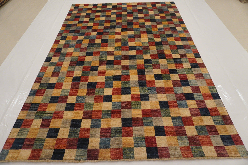 7x10 Checkered Gabbeh Multicolor Afghan Hand knotted Rug - Yildiz Rugs