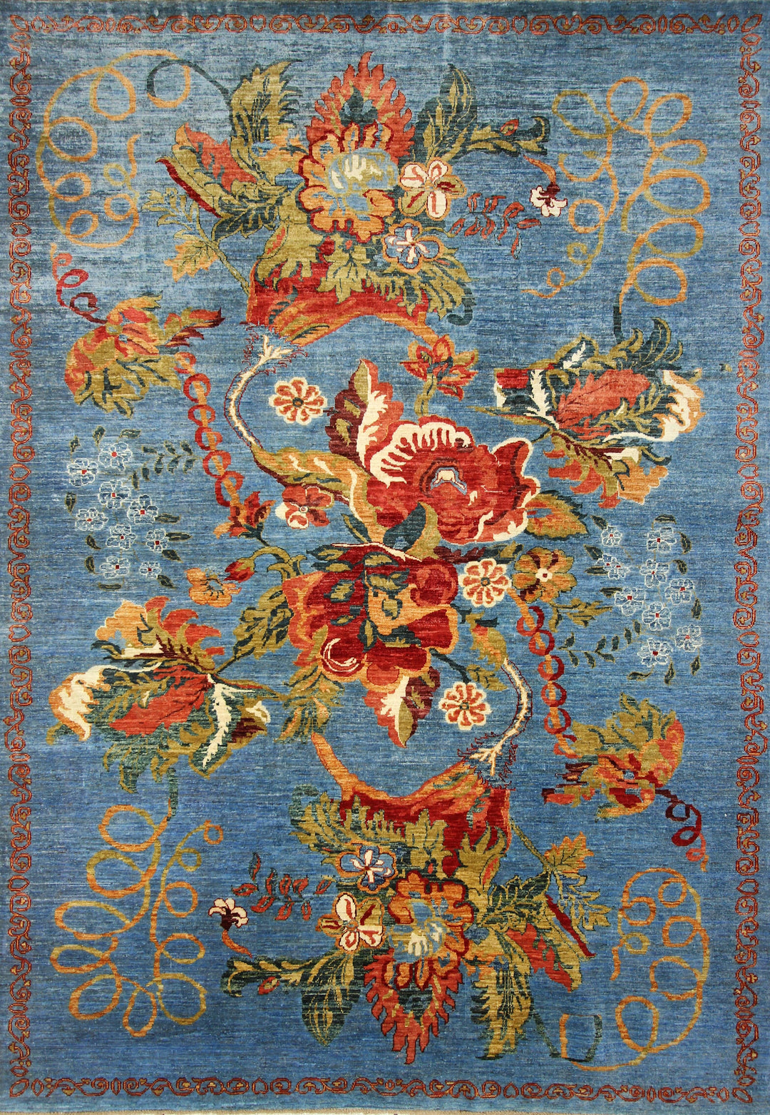 7x10 Floral Rose Blue Karabagh Afghan Hand Knotted Rug - Yildiz Rugs