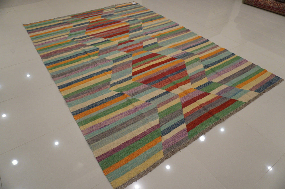 7x10 ft Afghan Kilim Pastel Soft Multicolor handmade abstract Wool Area Rug - Yildiz Rugs