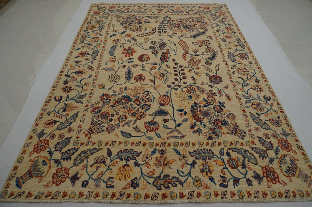 7x10 ft Vintage Beige Suzani Afghan Hand knotted wool Area Rug - Yildiz Rugs