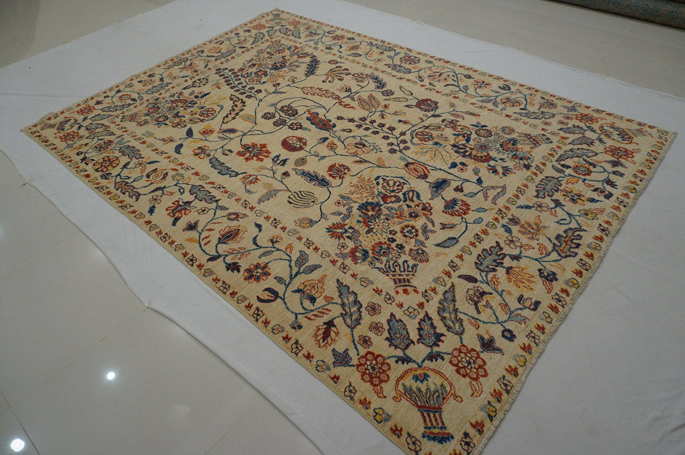 7x10 ft Vintage Beige Suzani Afghan Hand knotted wool Area Rug - Yildiz Rugs