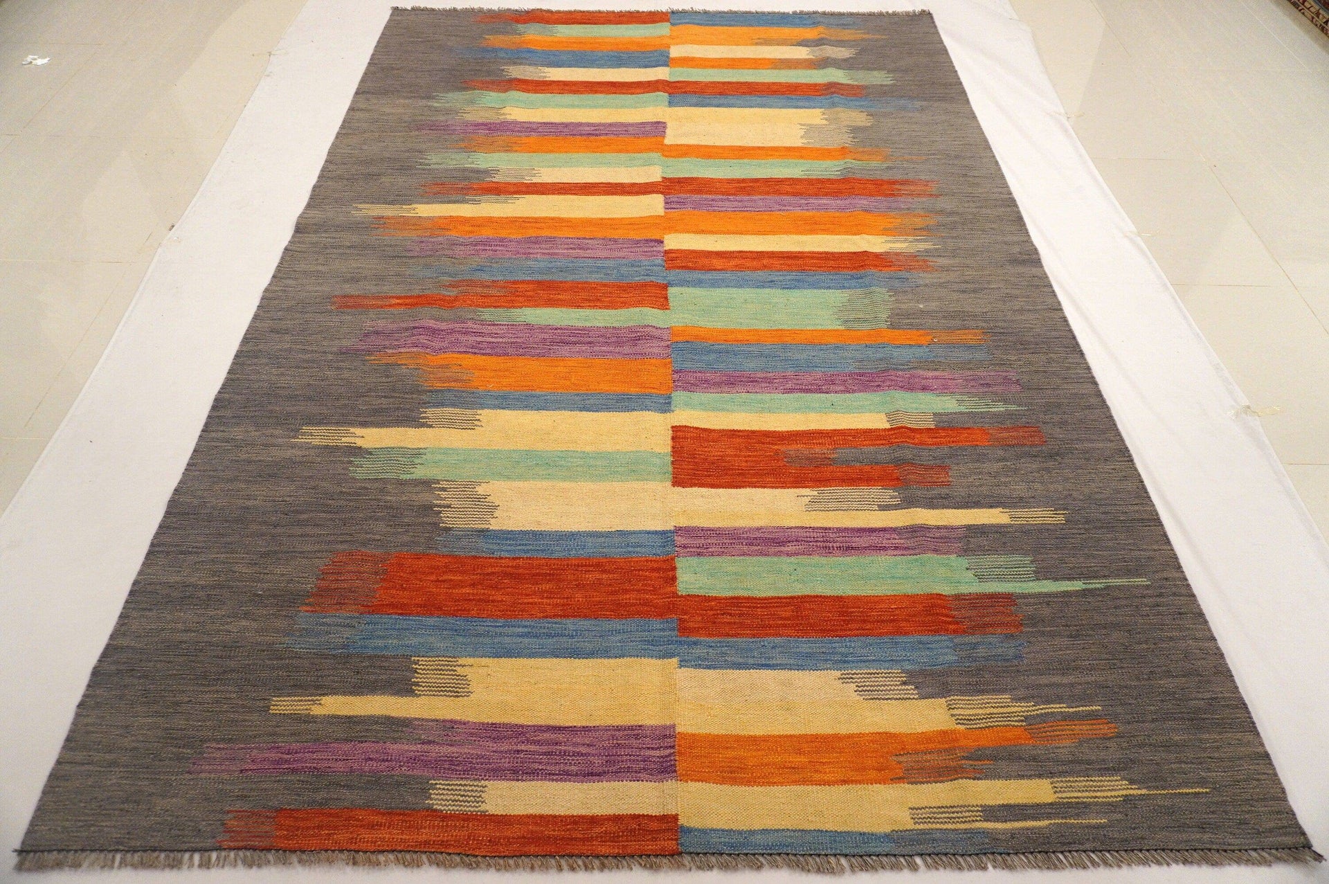 7x10 Gray Afghan Handmade Abstract Kilim Wool rug - Yildiz Rugs