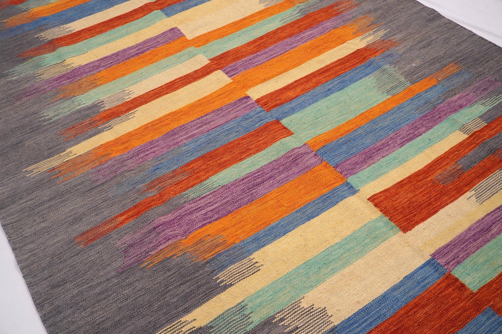 7x10 Gray Afghan Handmade Abstract Kilim Wool rug - Yildiz Rugs