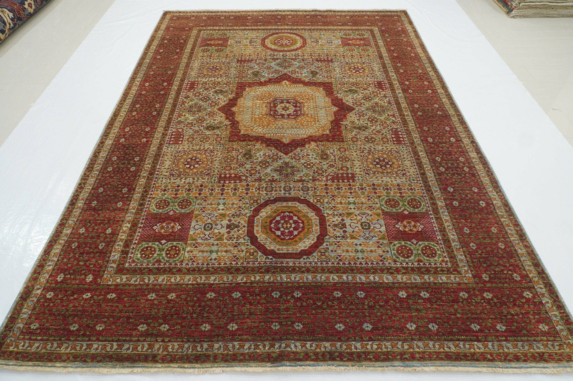 7x10 Mamluk Muted Blue Red Hand knotted Medallion Turkish Rug - Yildiz Rugs