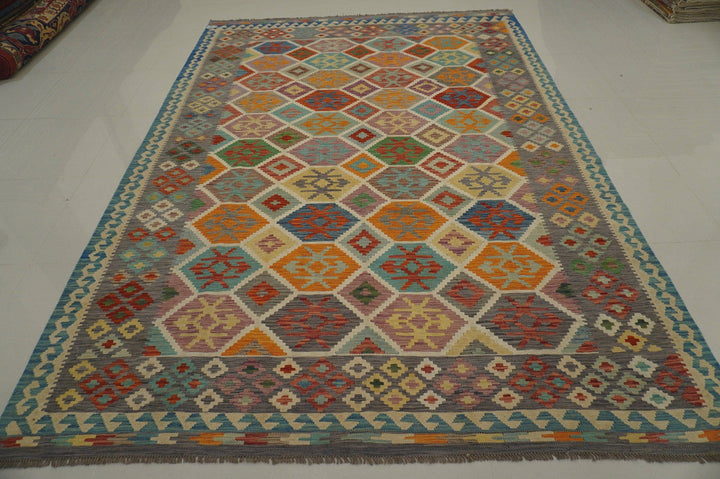 8'0x11'3 Afghan Kilim Beige Gray Handmade Wool Rug - Yildiz Rugs