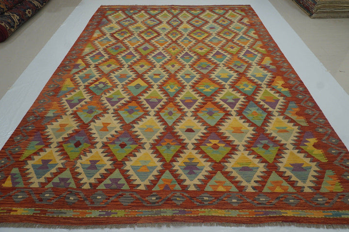 8'3x11'3 Red Afghan Hand Woven Wool Kilim Area Rug - Yildiz Rugs