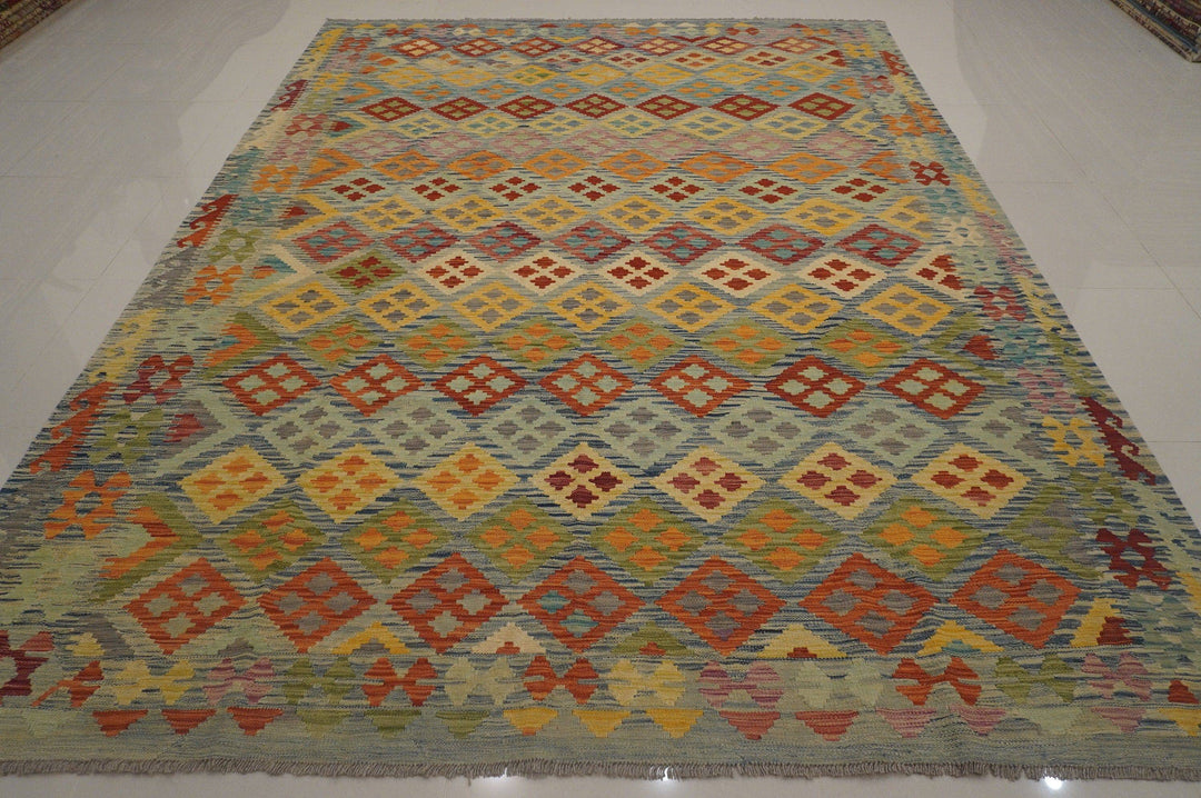 8'3x11'4 Afghan Blue Handmade Geometric Kilim Area Rug - Yildiz Rugs