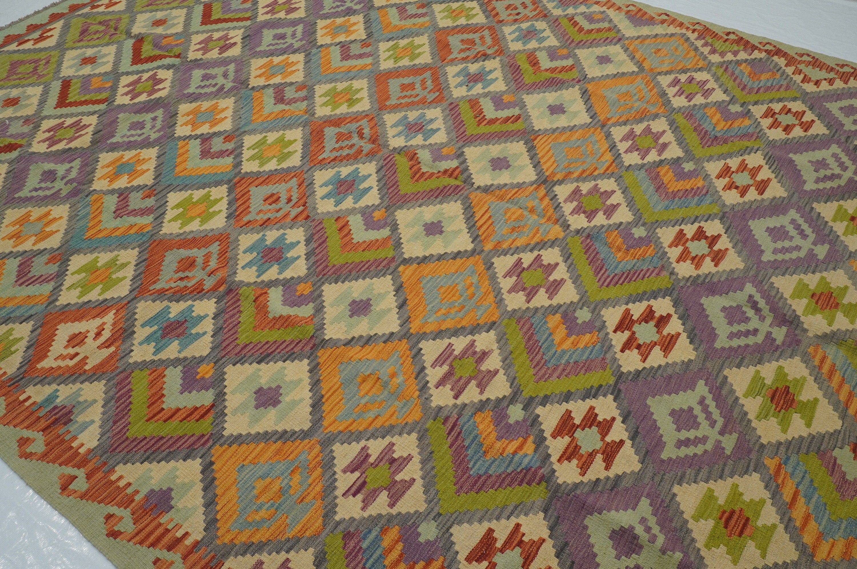 8'4x11'1 Gray Afghan Hand Woven Wool Bohemian Kilim Area Rug - Yildiz Rugs