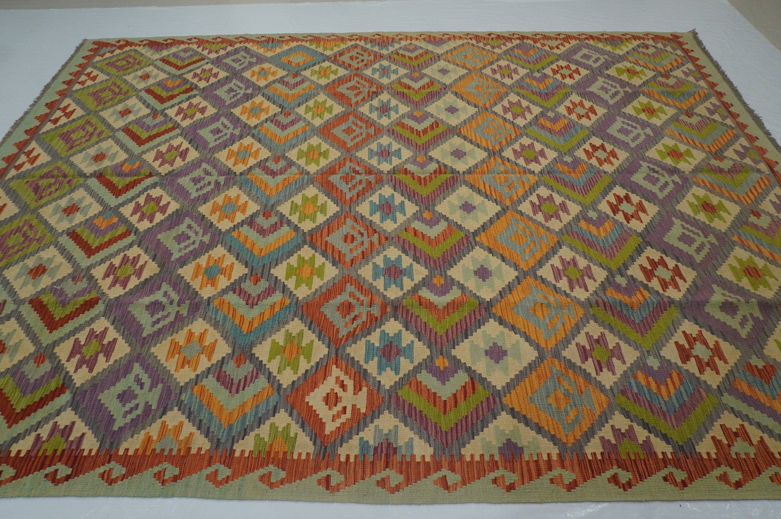 8'4x11'1 Gray Afghan Hand Woven Wool Bohemian Kilim Area Rug - Yildiz Rugs