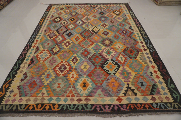 8'4x11'3 ft Afghan Kilim Beige Black Handmade Rug - Yildiz Rugs