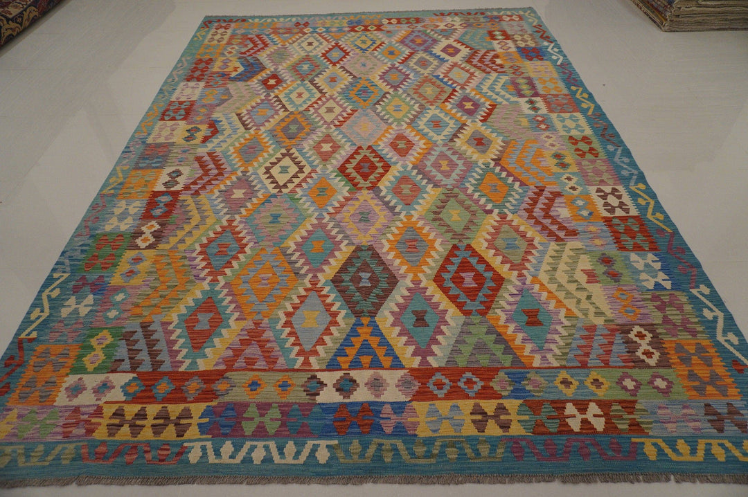 8'7x11'5 Afghan Kilim Pastel Purple Blue Handmade Rug - Yildiz Rugs