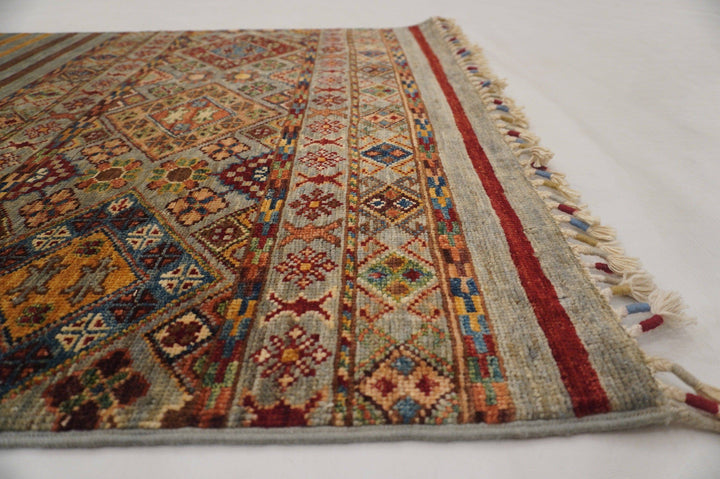 8 ft Tribal Gray Afghan Hand knotted Wool Runner Rug - Yildiz Rugs