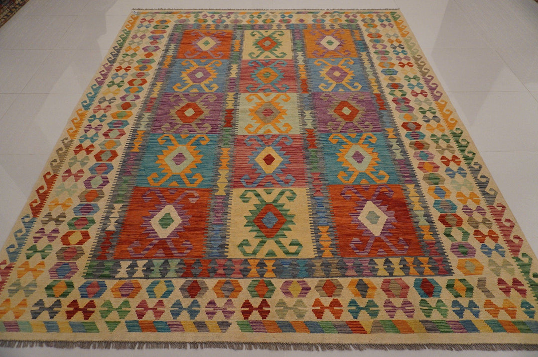 8x10 Afghan Handmade Kilim Beige Geometric wool Kilim rug - Yildiz Rugs