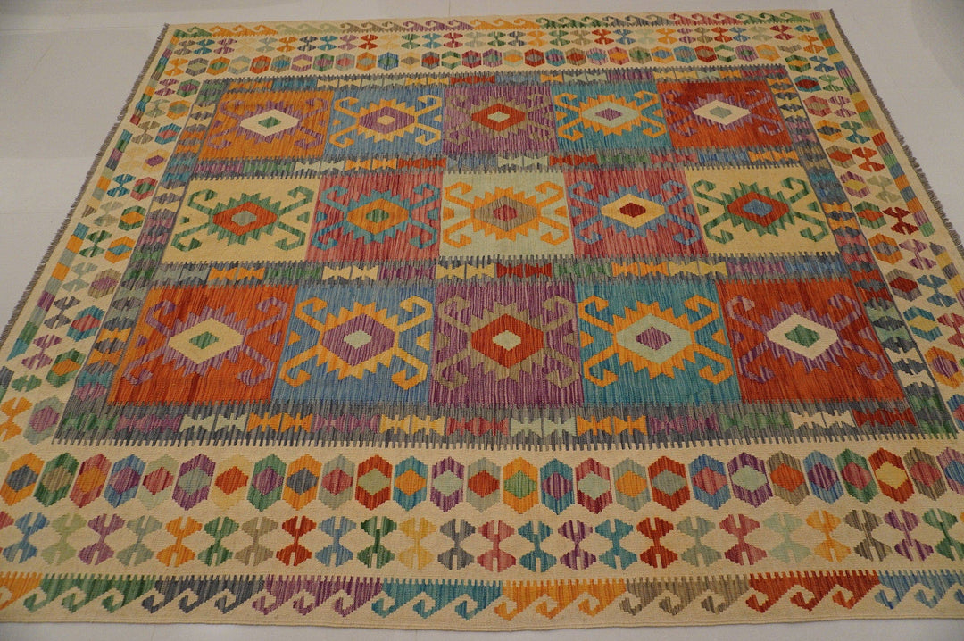 8x10 Afghan Handmade Kilim Beige Geometric wool Kilim rug - Yildiz Rugs