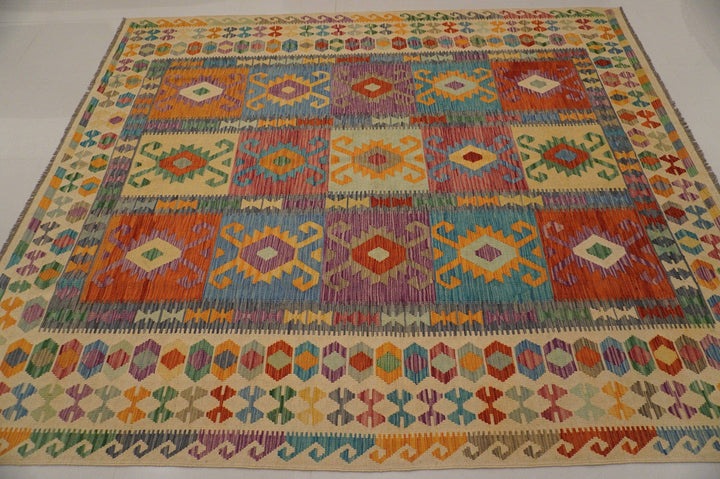 8x10 Afghan Handmade Kilim Beige Geometric wool Kilim rug - Yildiz Rugs