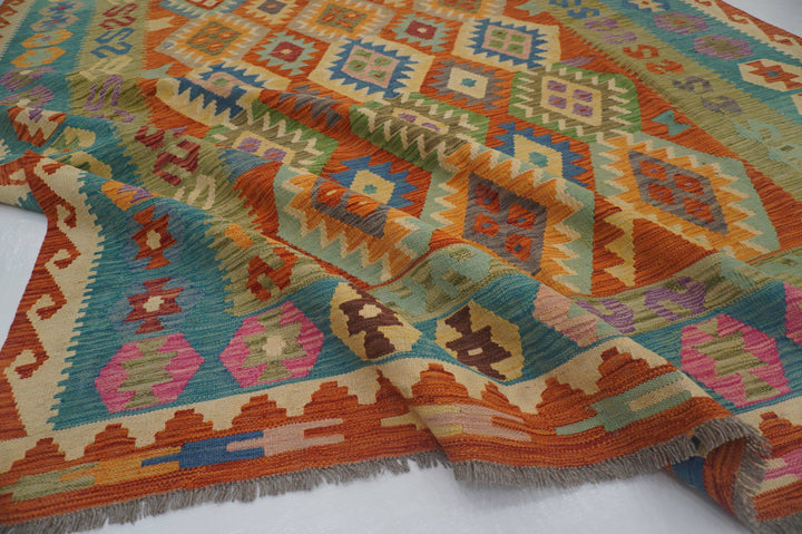 8x10 Afghan Orange Green Blue Handwoven Wool Kilim Area Rug - Yildiz Rugs