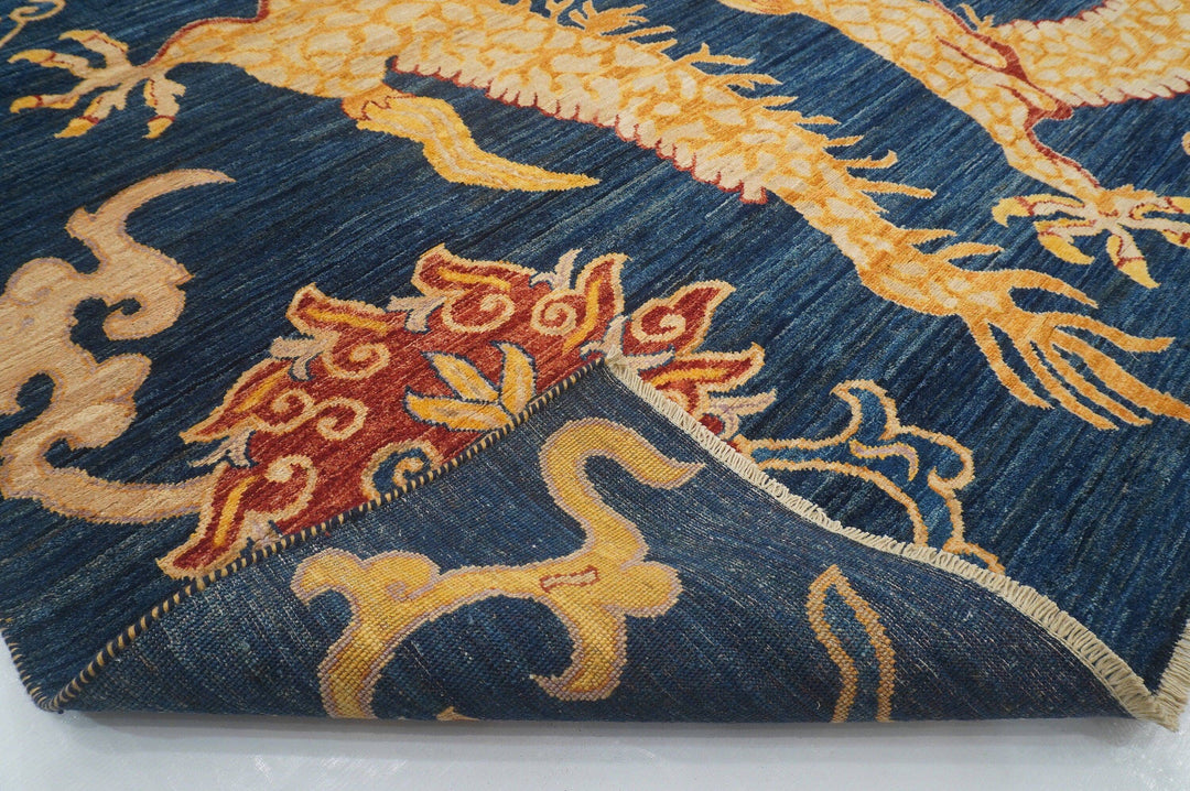 8x10 Dragon Phoenix Navy Blue Chinese Hand knotted Wool Area Rug - Yildiz Rugs