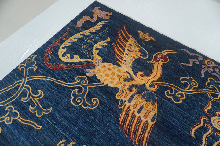 8x10 Dragon Phoenix Navy Blue Chinese Style Hand knotted Wool Area Rug - Yildiz Rugs