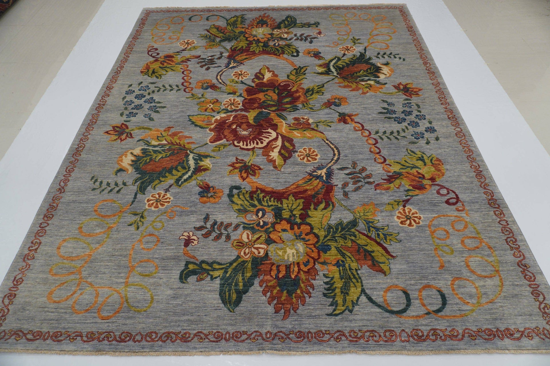 8x10 Floral Karabagh Gray Afghan Hand Knotted Wool Area Rug - Yildiz Rugs