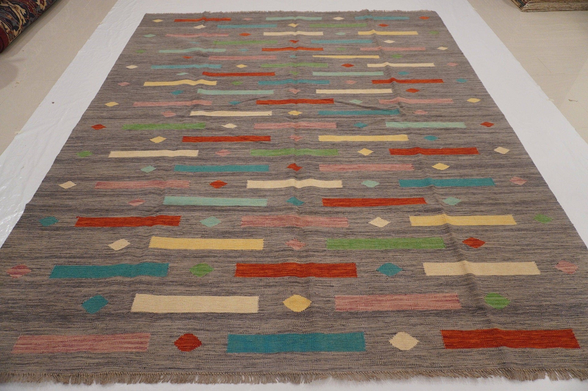 8x10 Modern Gray Afghan Hand Woven Wool Bohemian Abstract Kilim Area Rug - Yildiz Rugs