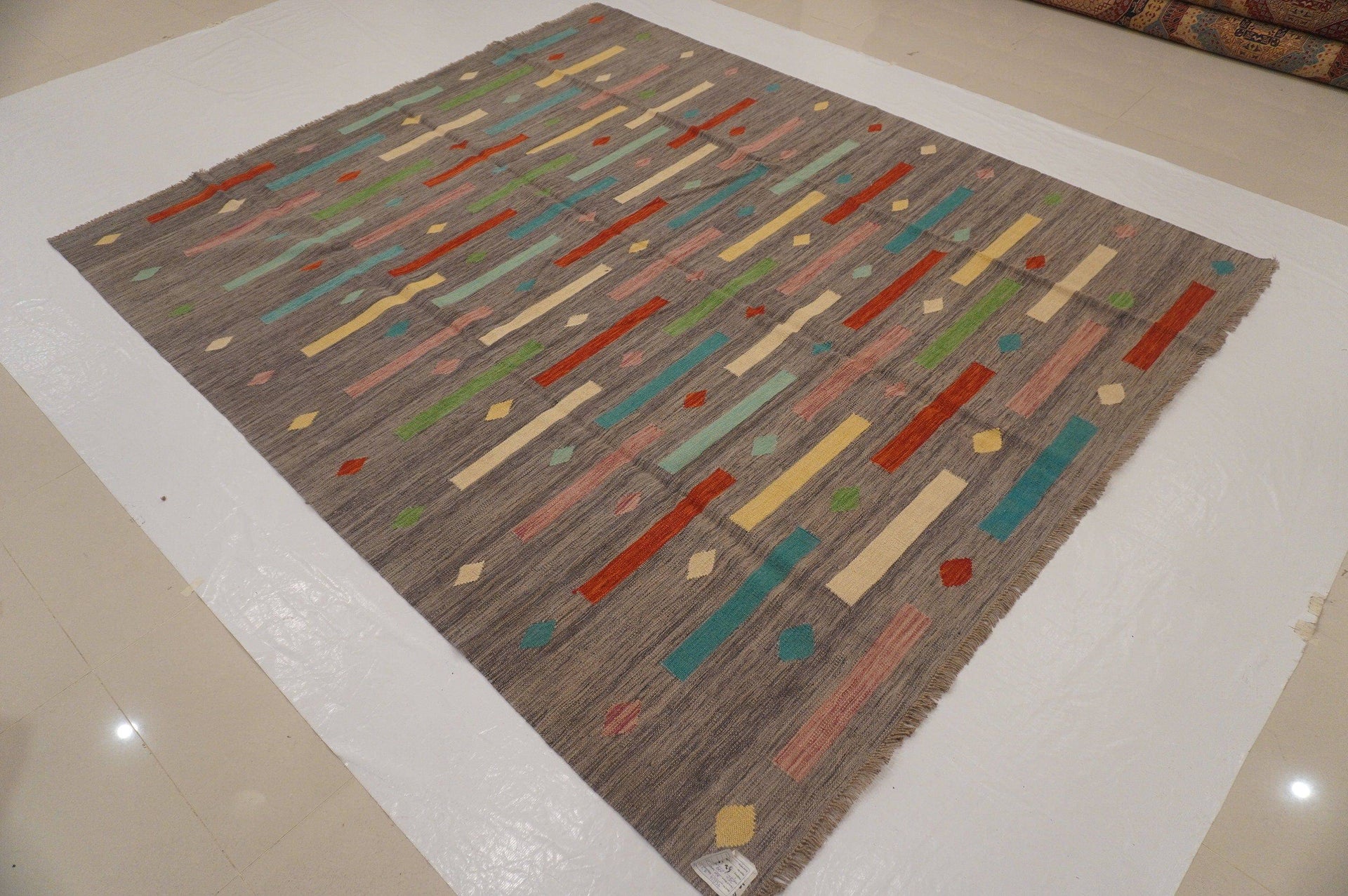 8x10 Modern Gray Afghan Hand Woven Wool Bohemian Abstract Kilim Area Rug - Yildiz Rugs