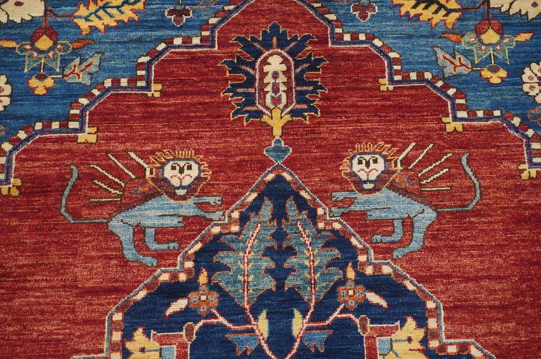 8x10 Qashqai Lion Red Blue Persian style Hand Knotted Wool Area Rug - Yildiz Rugs